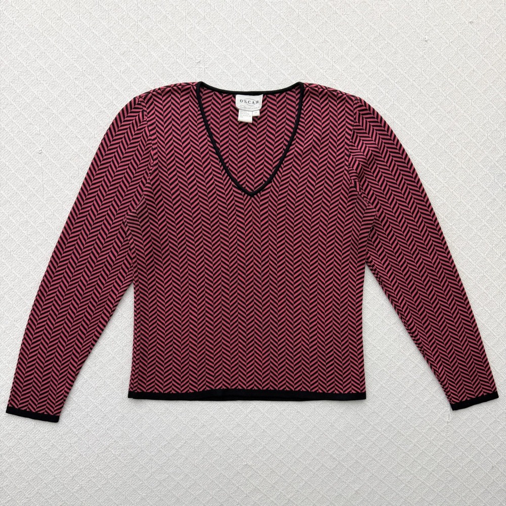 Y2K Oscar by Oscar de la Renta Silk Knit Pink Black Chevron V-Neck Sweater M